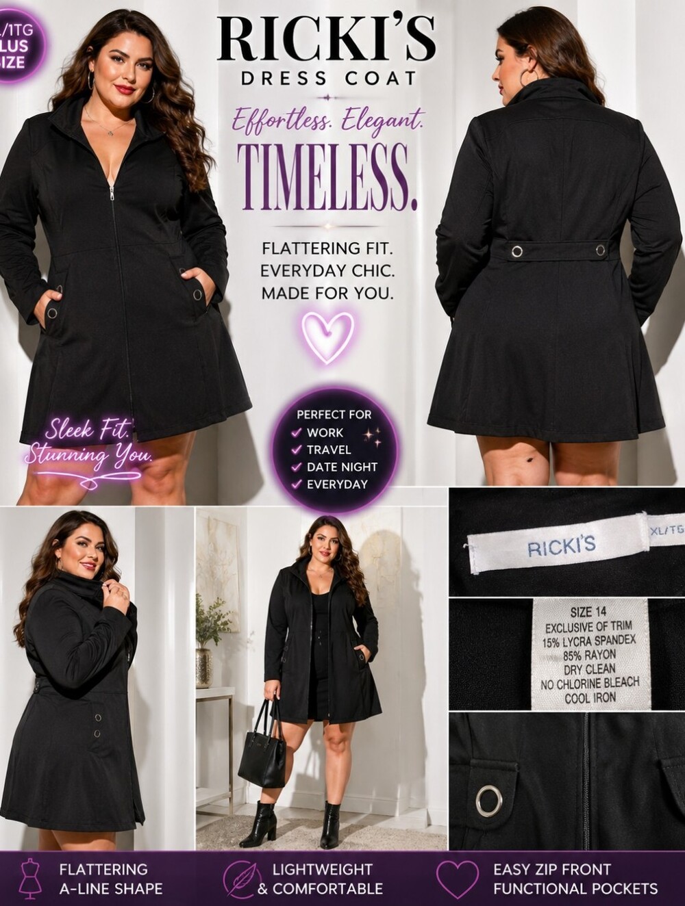RICKI'S Black A-Line Zip Front Dress Coat